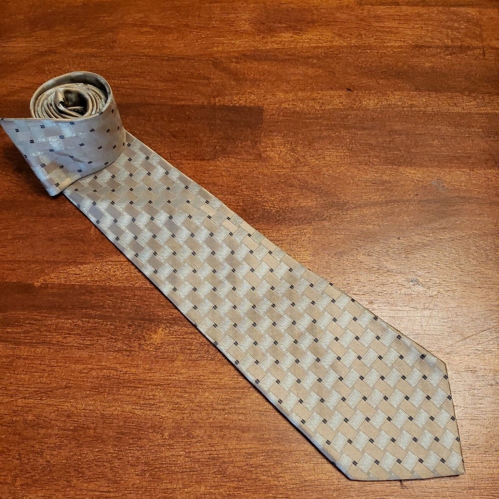 ZanZara Men's Neck Tie Basket Weave Tan Black Gold 100% Silk Career Wear Office